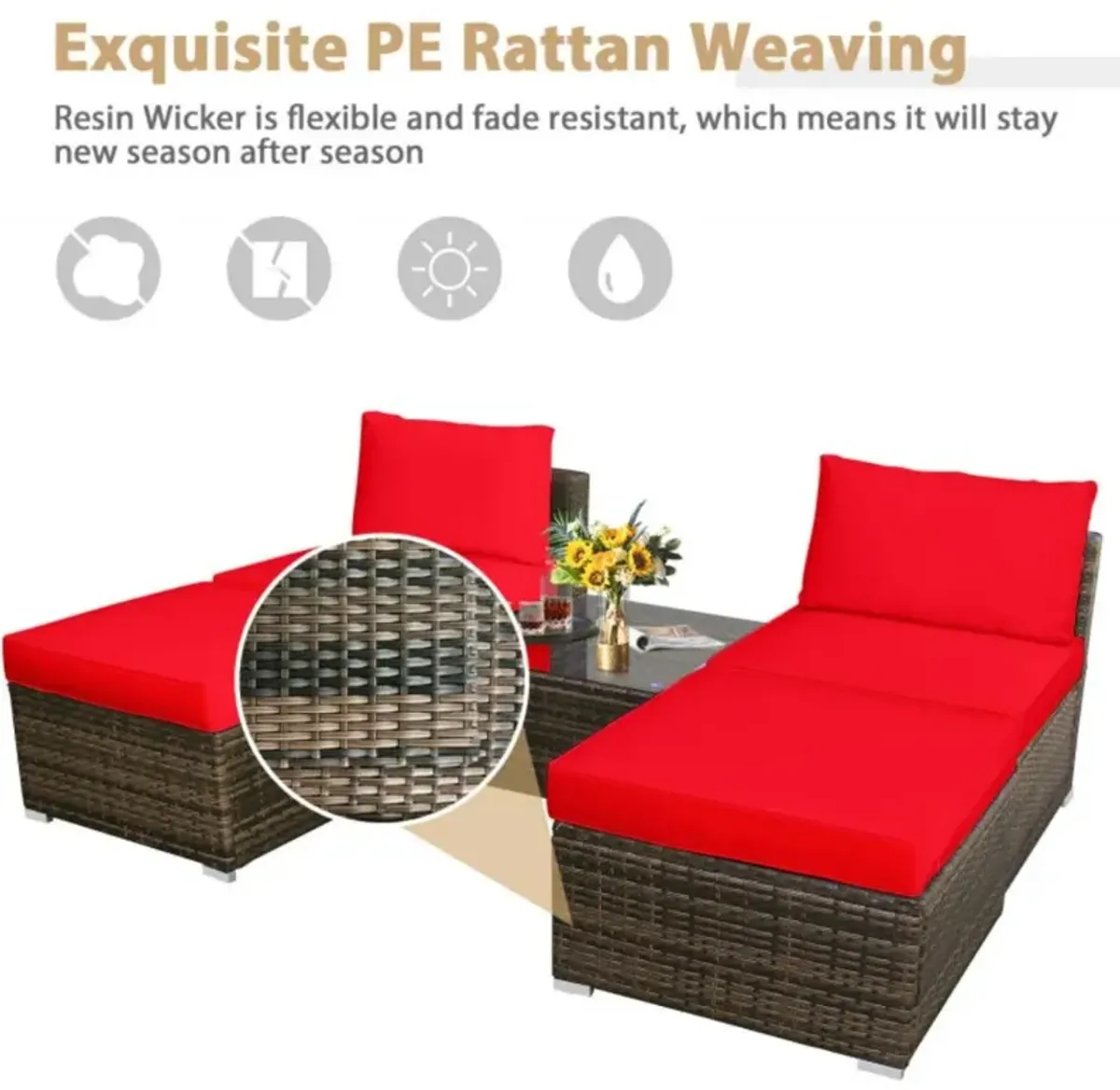 Hivvago 5 Pieces Patio Rattan Furniture Set with Cushioned Armless Sofa-Red