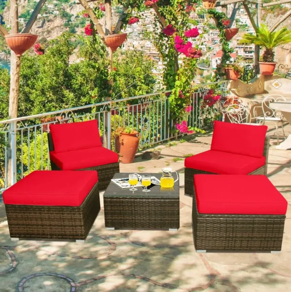 Hivvago 5 Pieces Patio Rattan Furniture Set with Cushioned Armless Sofa-Red