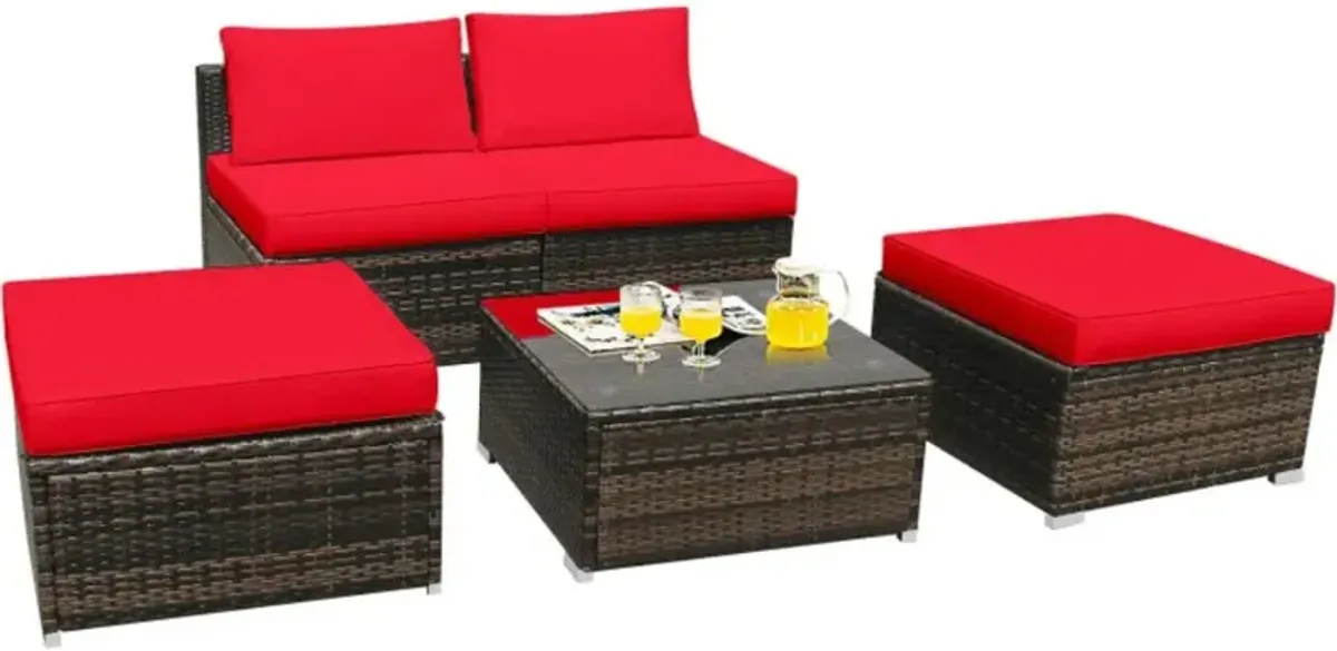 Hivvago 5 Pieces Patio Rattan Furniture Set with Cushioned Armless Sofa-Red