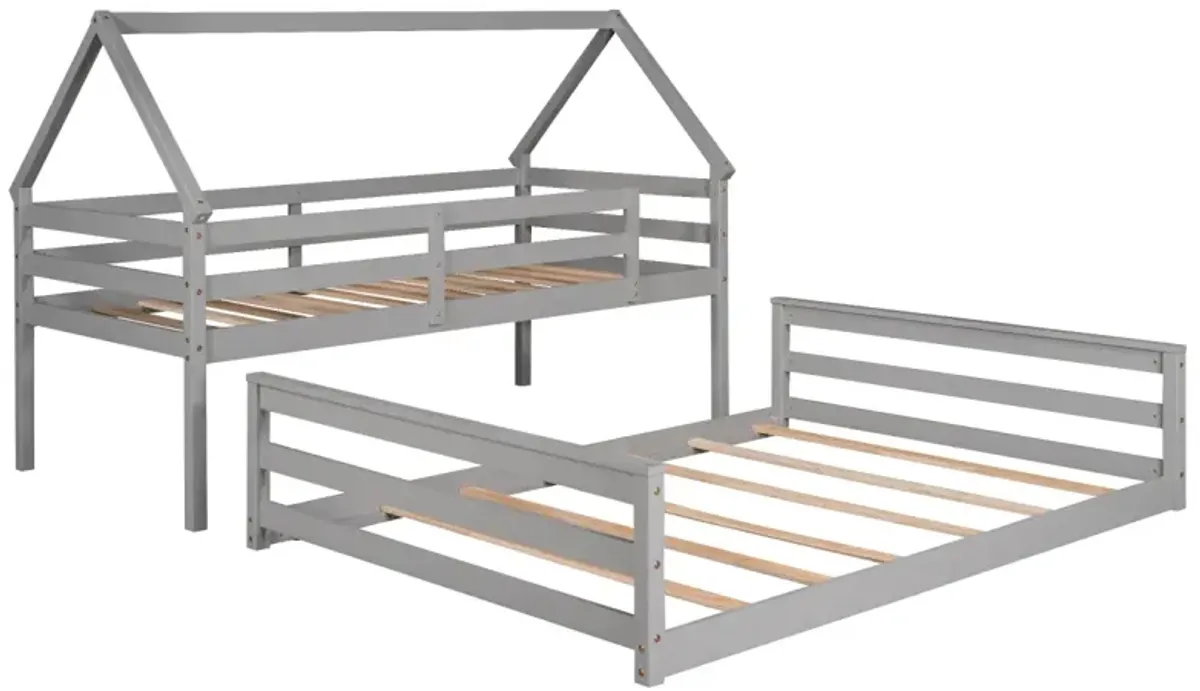 Twin Over Full House Bunk Bed with Built-in Ladder