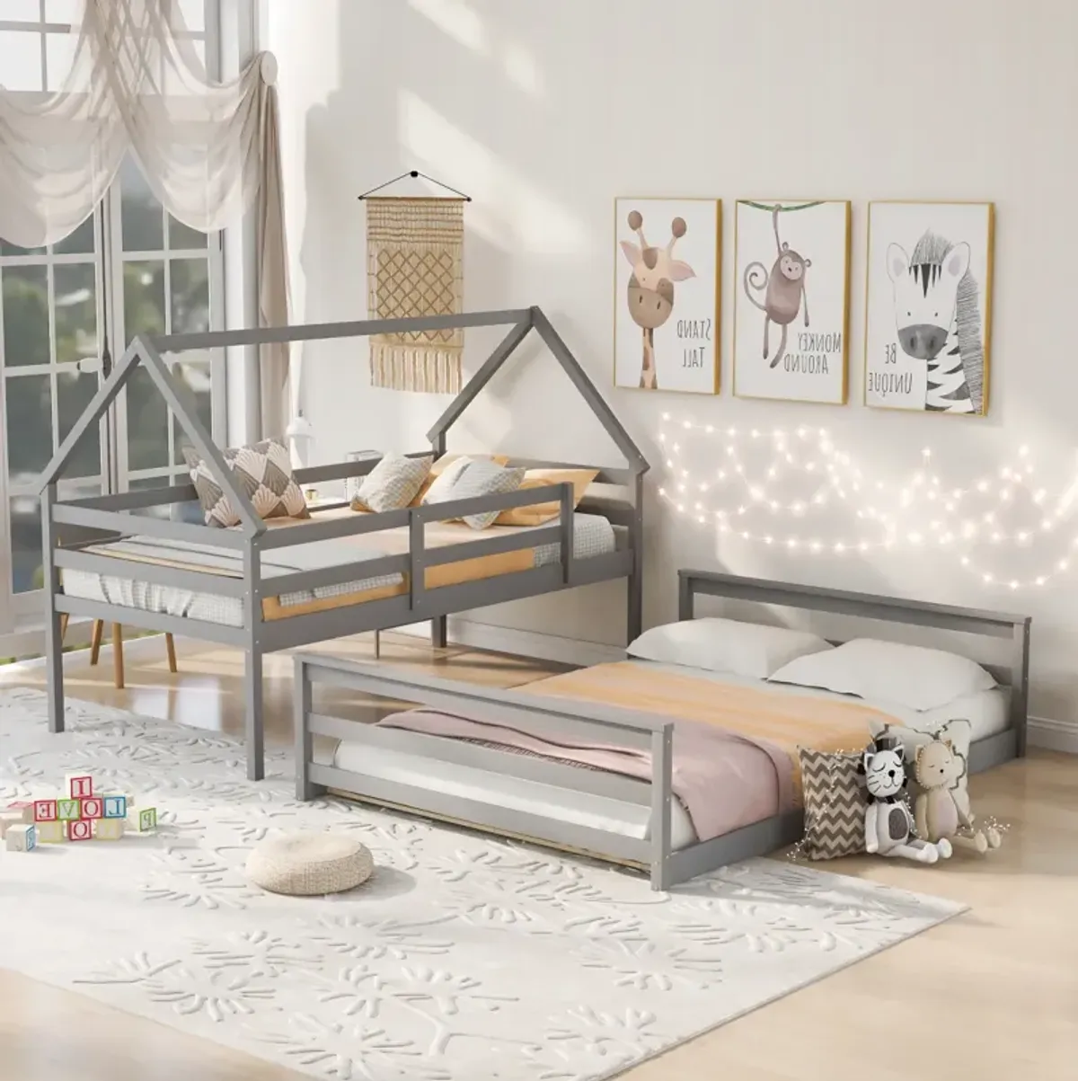 Twin Over Full House Bunk Bed with Built-in Ladder