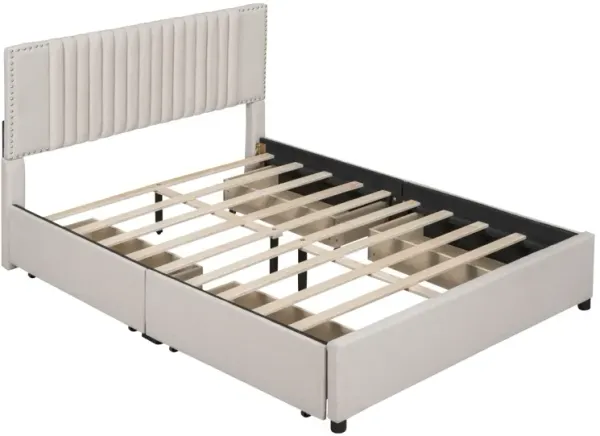 Queen Size Upholstered Platform Bed With Classic Headboard And 4 Drawers, Linen Fabric