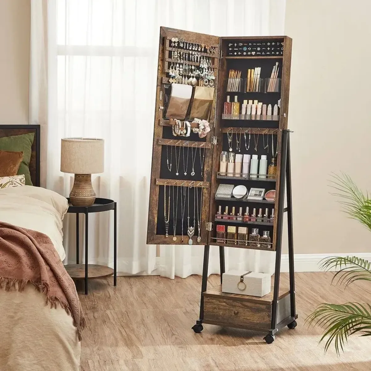 Modern Industrial Metal Wood Jewelry Armoire Cabinet Organizer Mirror on Wheels