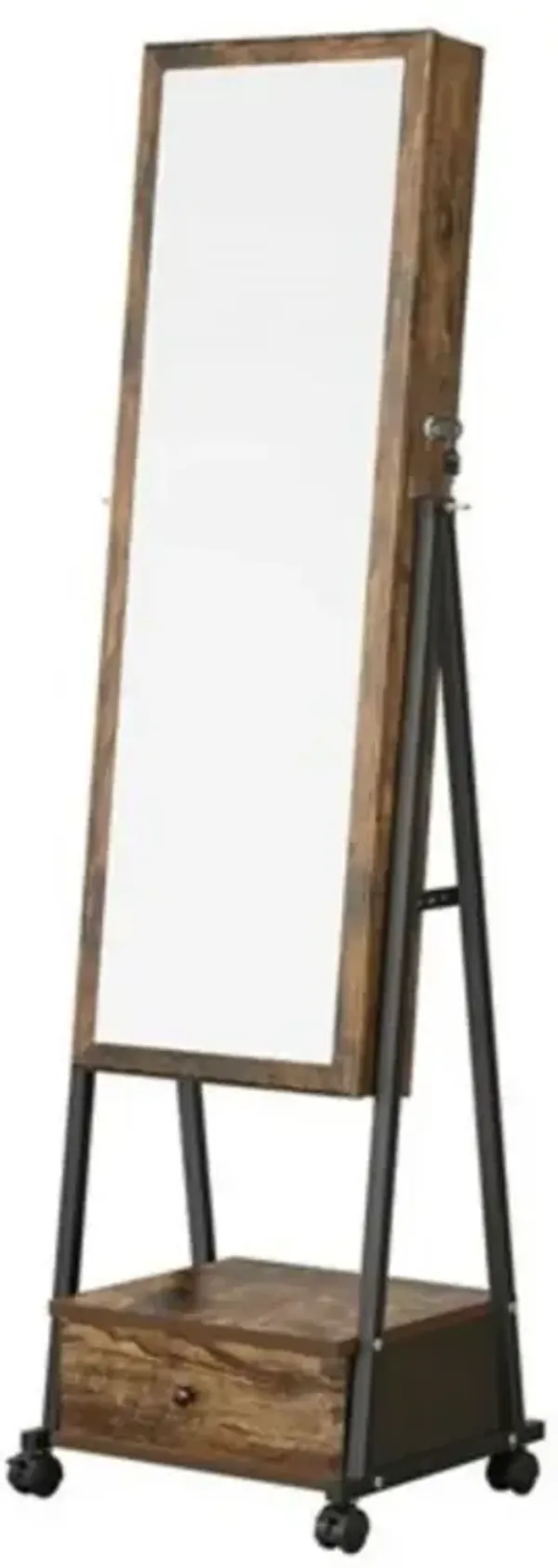 Modern Industrial Metal Wood Jewelry Armoire Cabinet Organizer Mirror on Wheels