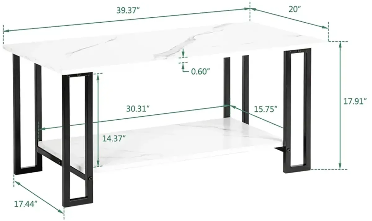 Coffee Table, 2 Layers 1.5cm Thick Marble MDF Rectangle 39.37 L Table Top Iron Coffee