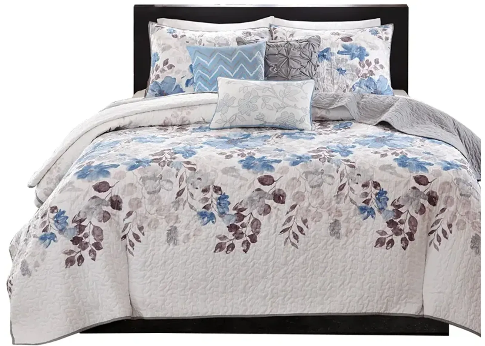 Gracie Mills Ezekiel Tranquil Blossoms 6-Piece Printed Quilt Set with Throw Pillows