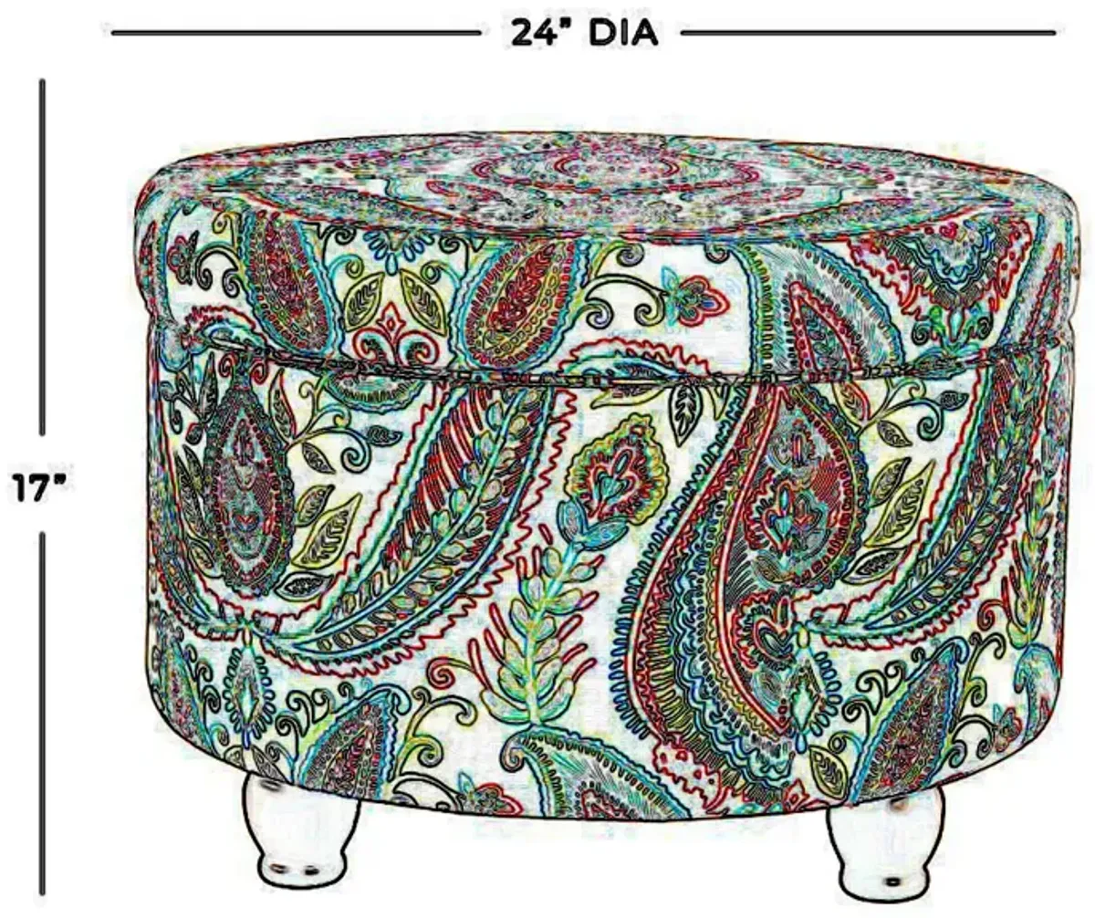 Paisley Pattern Fabric Upholstered Wooden Ottoman with Hidden Storage, Multicolor - Benzara