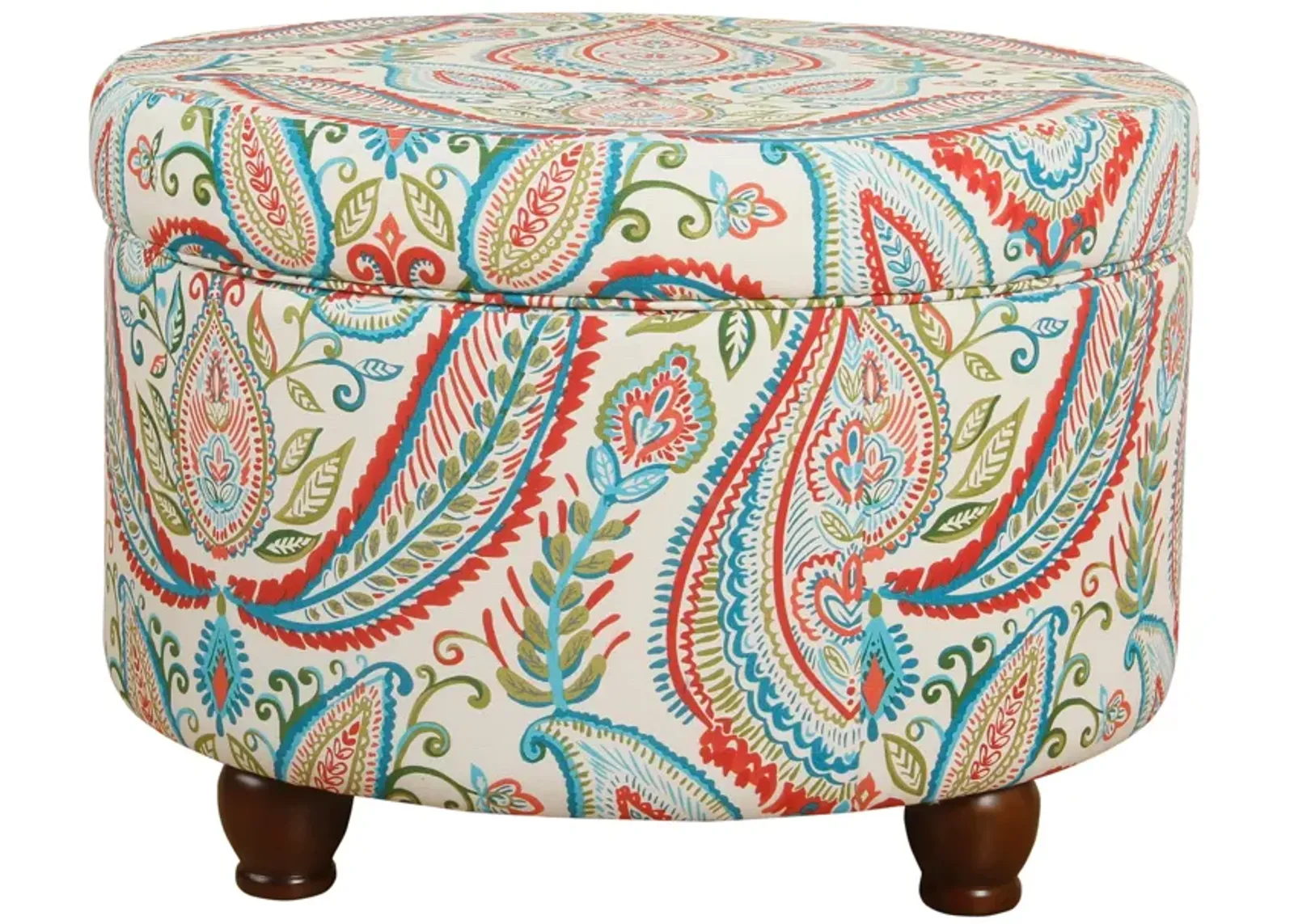 Paisley Pattern Fabric Upholstered Wooden Ottoman with Hidden Storage, Multicolor - Benzara