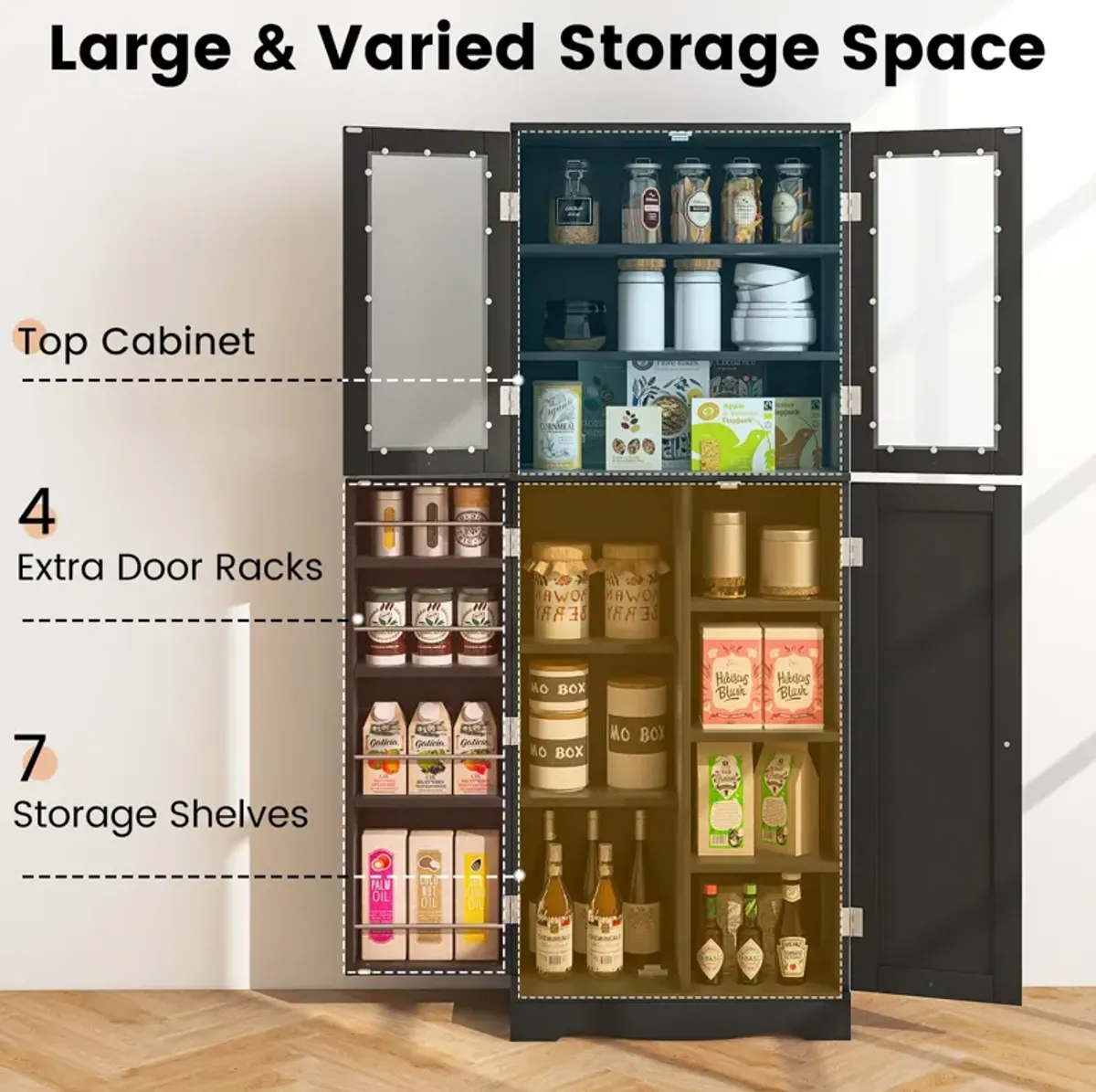 Tall Kitchen Pantry Cabinet with Dual Tempered Glass Doors and Shelves