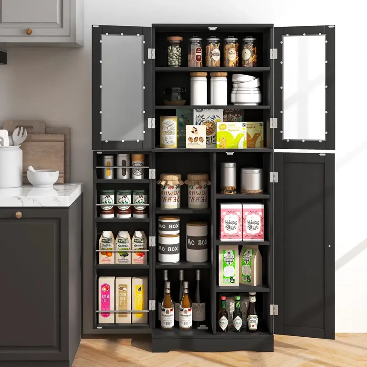 Tall Kitchen Pantry Cabinet with Dual Tempered Glass Doors and Shelves