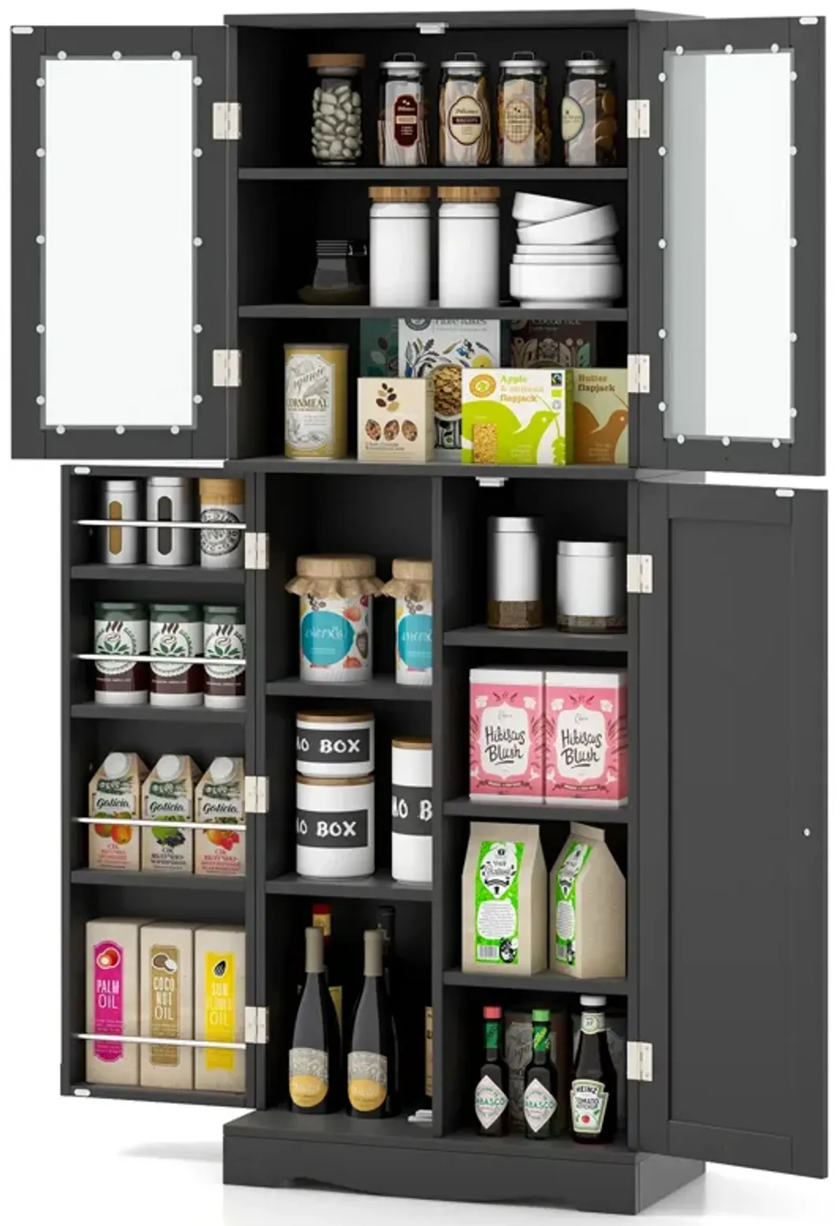 Tall Kitchen Pantry Cabinet with Dual Tempered Glass Doors and Shelves