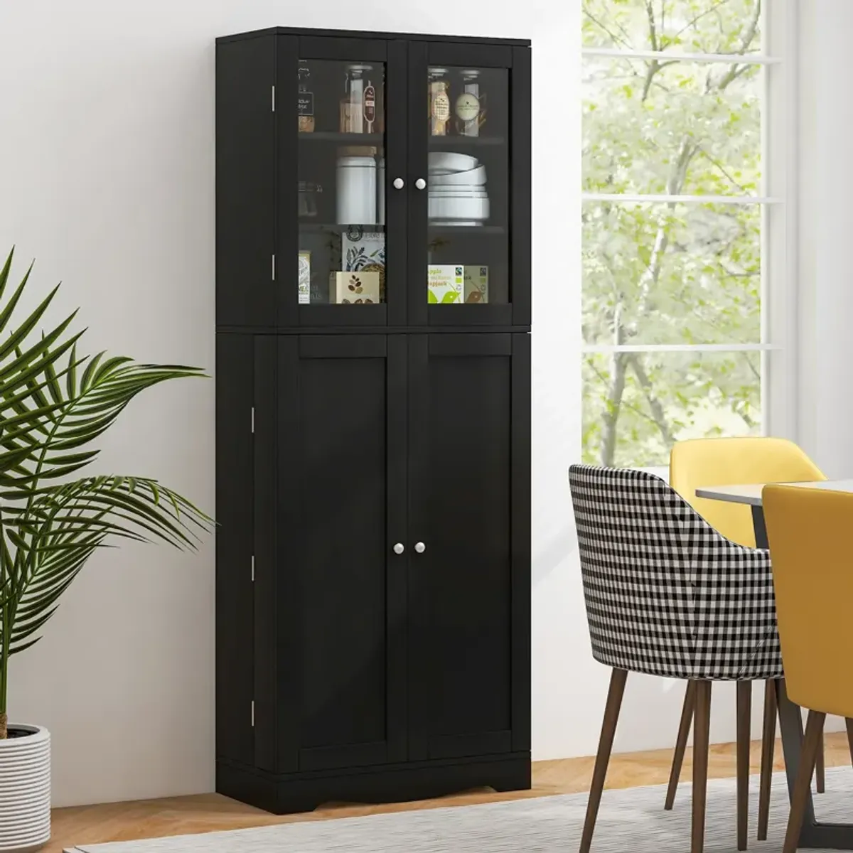 Tall Kitchen Pantry Cabinet with Dual Tempered Glass Doors and Shelves