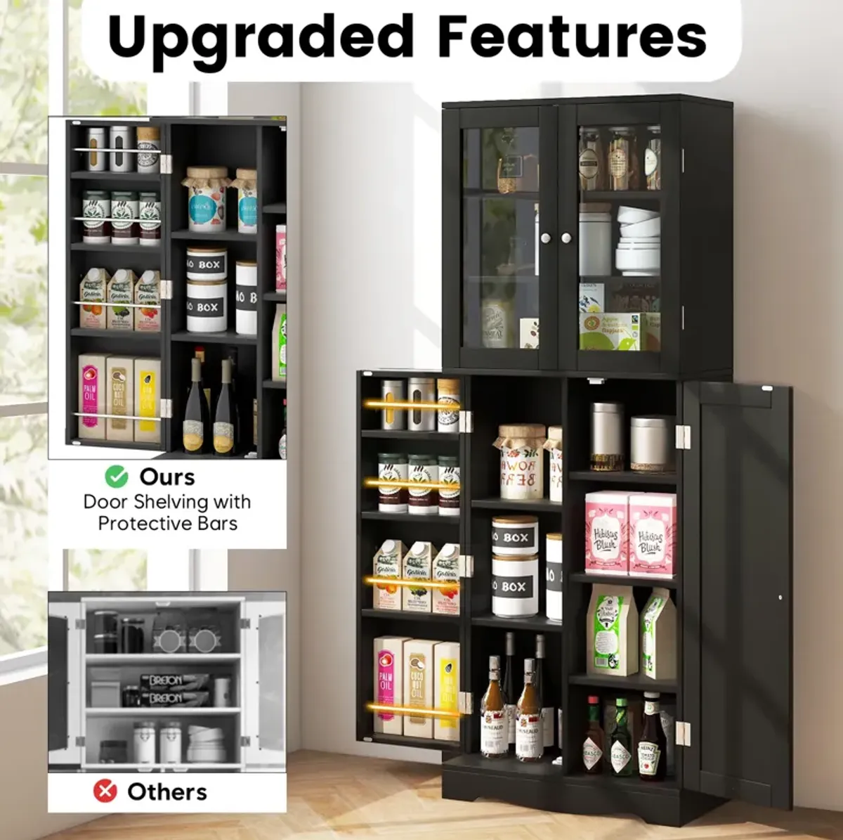 Tall Kitchen Pantry Cabinet with Dual Tempered Glass Doors and Shelves