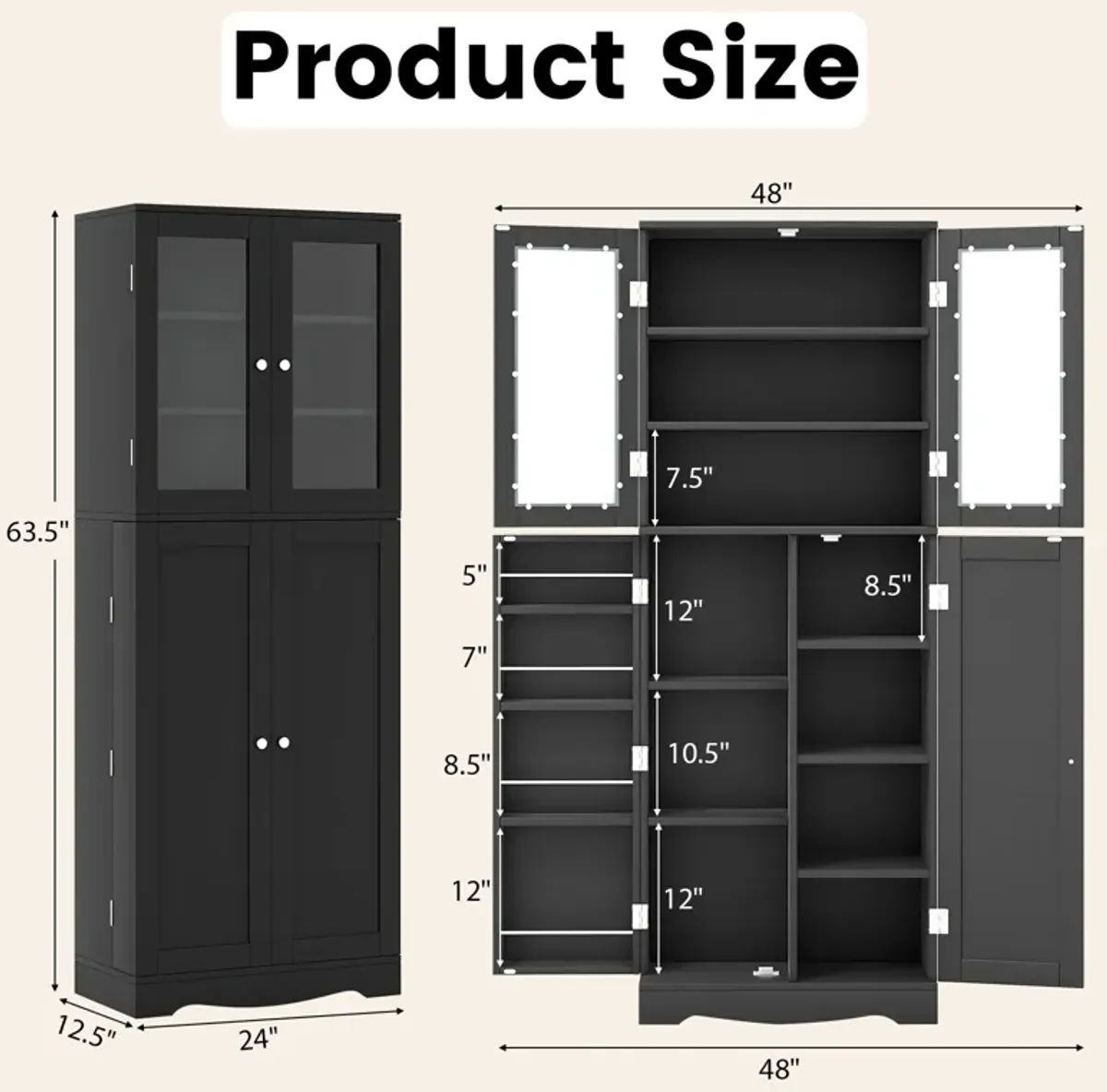 Tall Kitchen Pantry Cabinet with Dual Tempered Glass Doors and Shelves