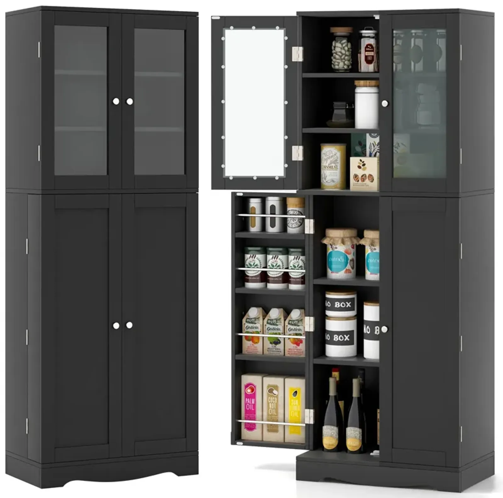 Tall Kitchen Pantry Cabinet with Dual Tempered Glass Doors and Shelves