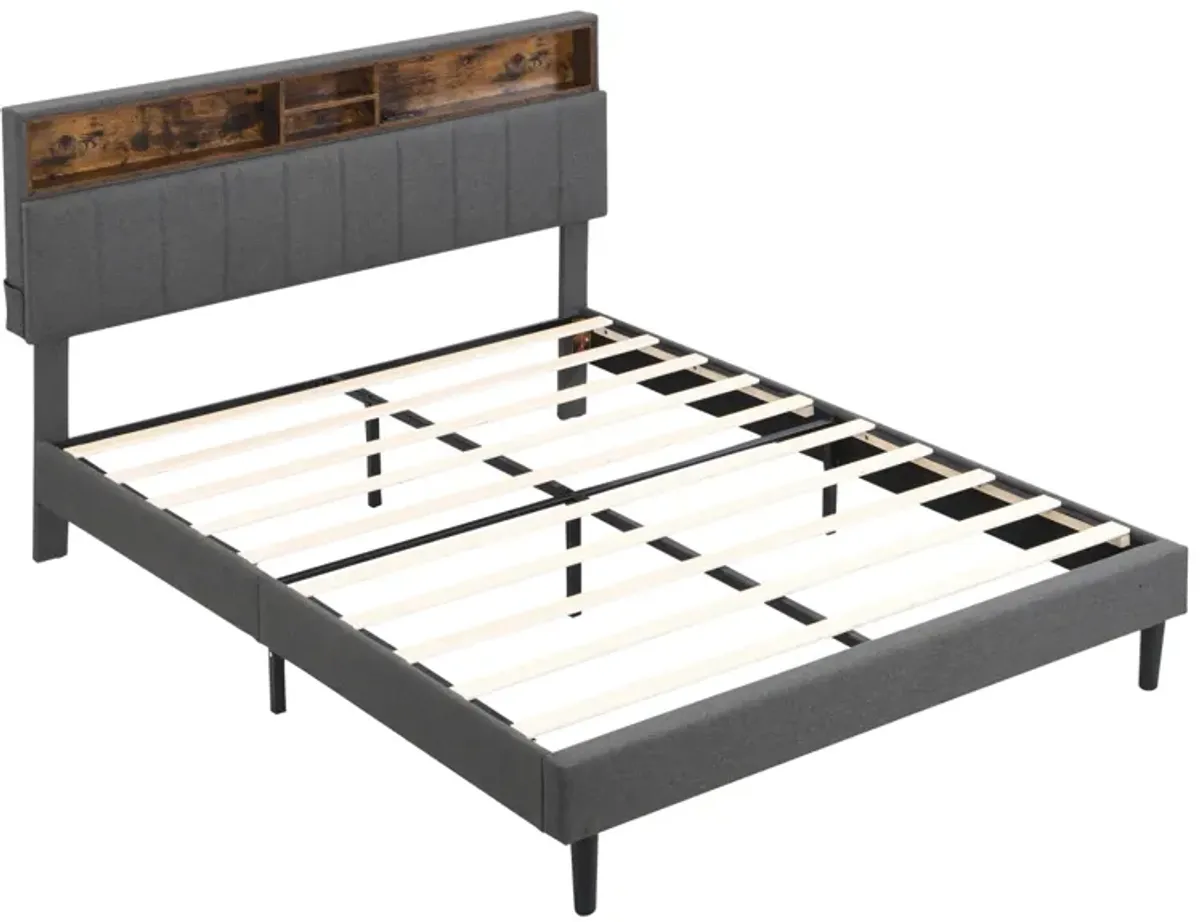 Queen Size Upholstered Platform Bed with Storage Headboard and USB Port, Linen Fabric Upholstered Bed