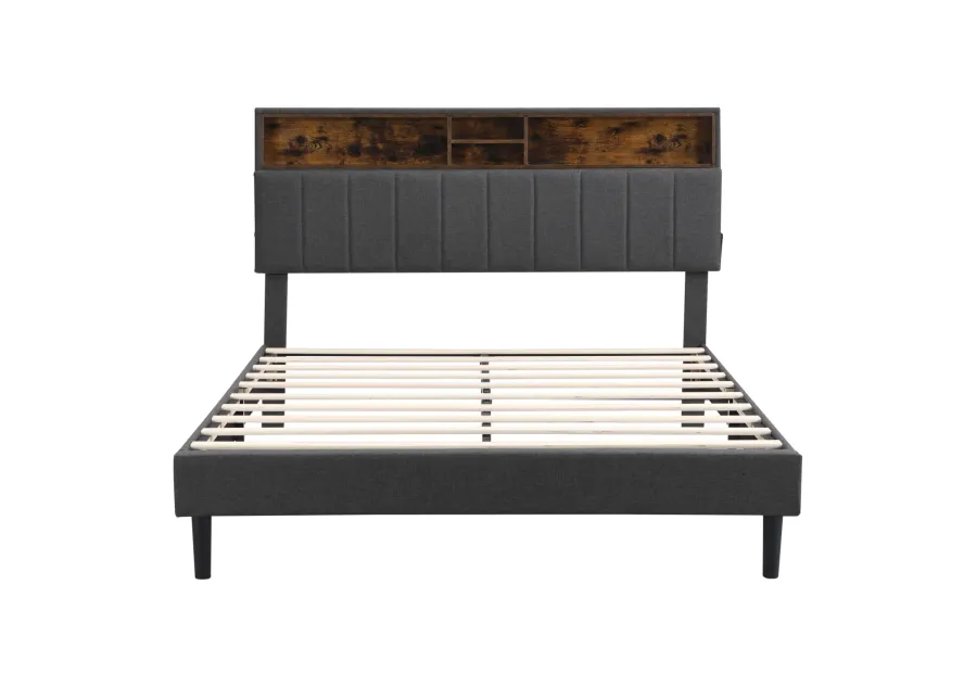 Queen Size Upholstered Platform Bed with Storage Headboard and USB Port, Linen Fabric Upholstered Bed