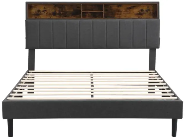 Queen Size Upholstered Platform Bed with Storage Headboard and USB Port, Linen Fabric Upholstered Bed