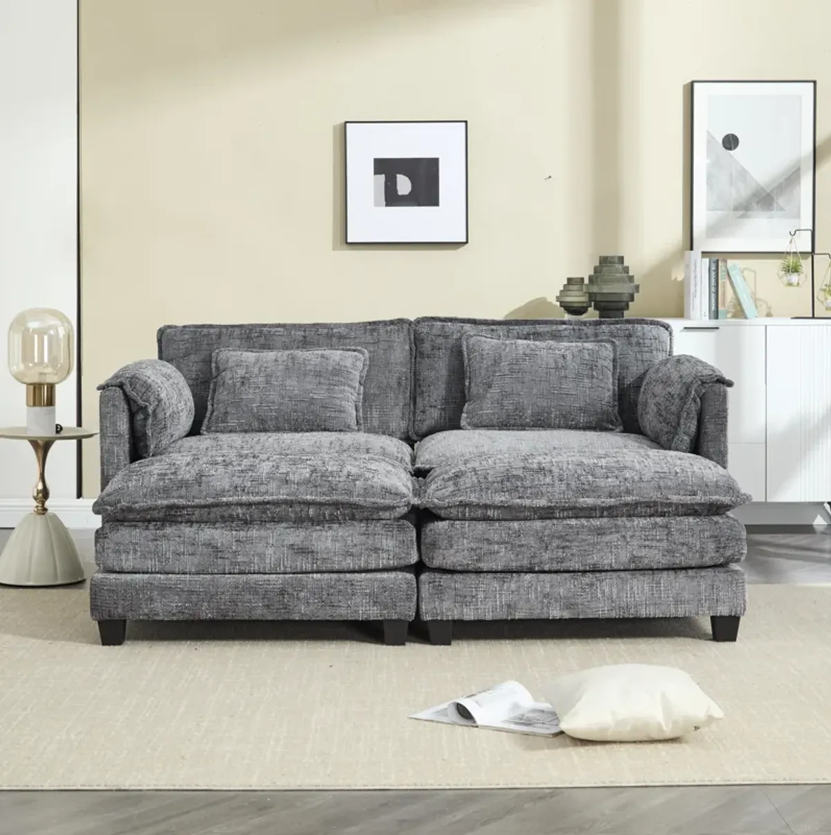 Merax Chenille Fabric Loveseat Sofa with 2 Foot Stools