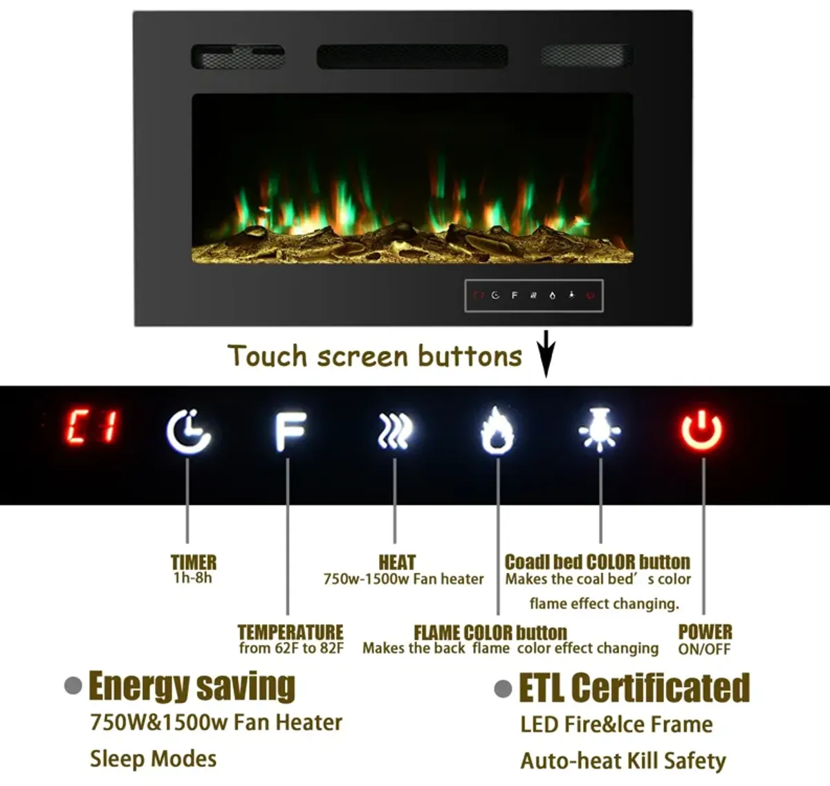 Black 30 in. Wall-Mounted Electric Fireplace with Logs and Crystals, Remote 1500/750W