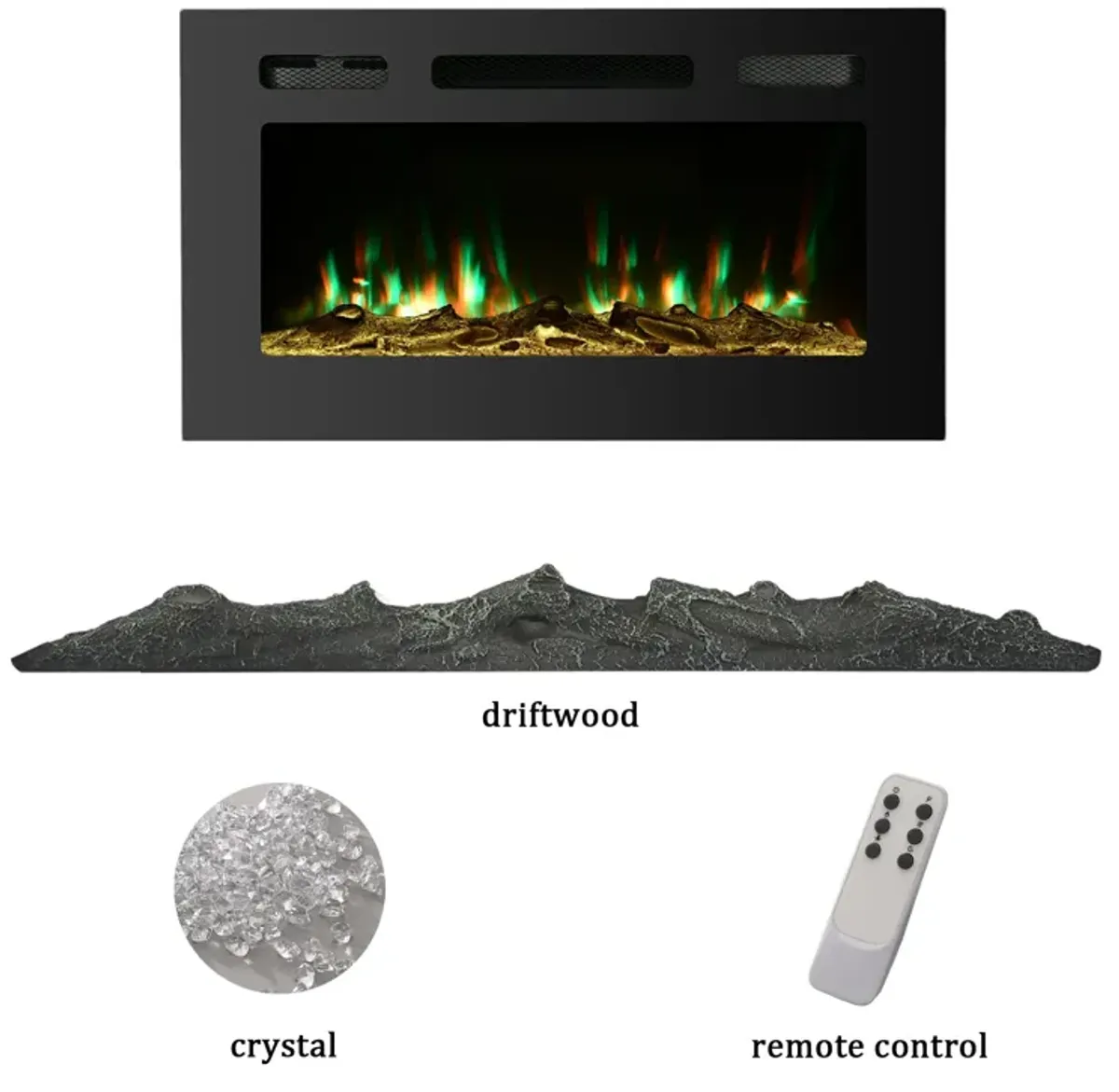 Black 30 in. Wall-Mounted Electric Fireplace with Logs and Crystals, Remote 1500/750W