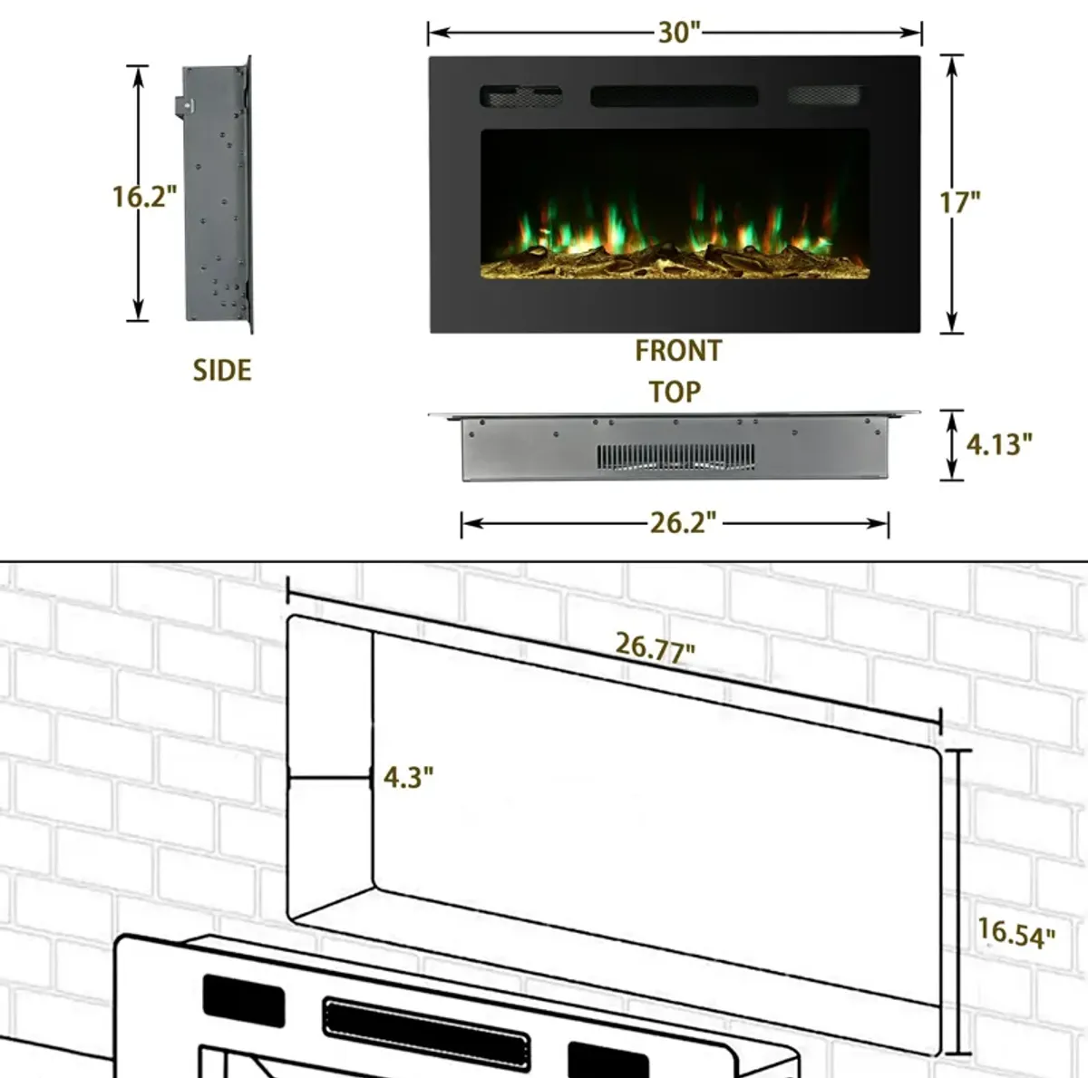 Black 30 in. Wall-Mounted Electric Fireplace with Logs and Crystals, Remote 1500/750W