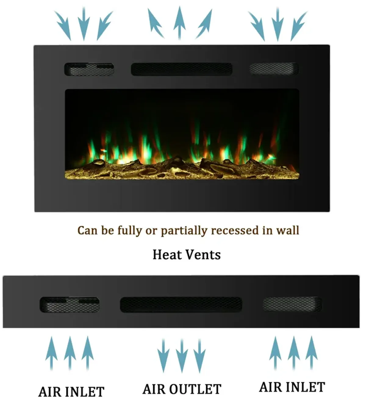 Black 30 in. Wall-Mounted Electric Fireplace with Logs and Crystals, Remote 1500/750W