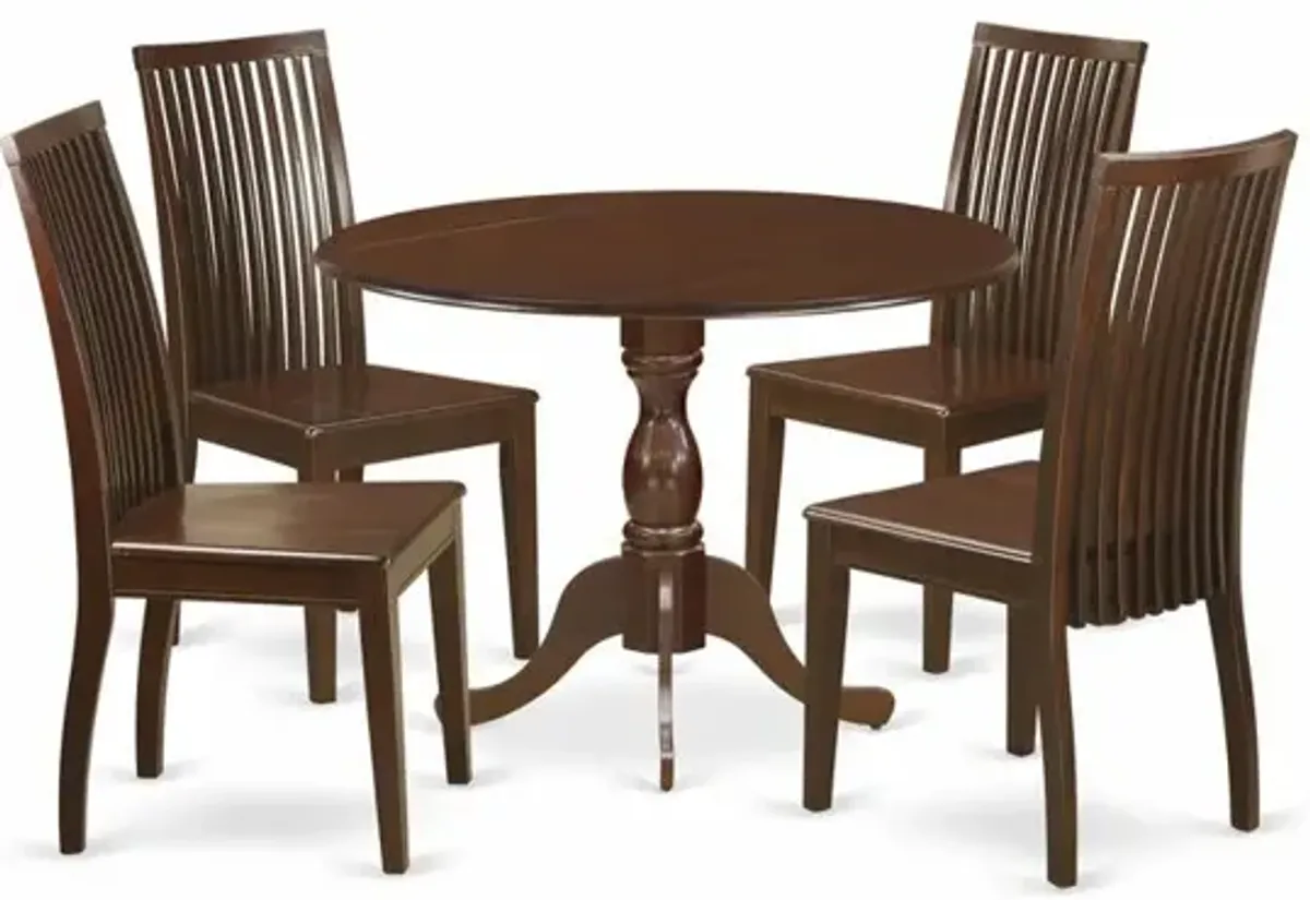 East West Furniture DMIP5-MAH-W 5 Piece Dining Room Table Set - Mahogany Dropleaf Dinner Table and 4 Mahogany Dining Chairs with Slatted Back - Mahogany Finish