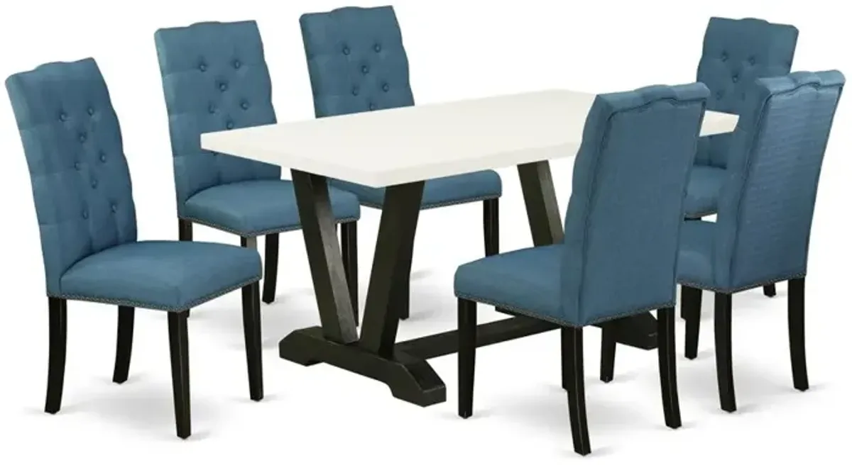 East West Furniture V626EL121-7 7-Piece Gorgeous Rectangular Table Set an Outstanding Linen White dining table Top and 6 Lovely Linen Fabric Dining Chairs with Nail Heads and Button Tufted Chair Back,