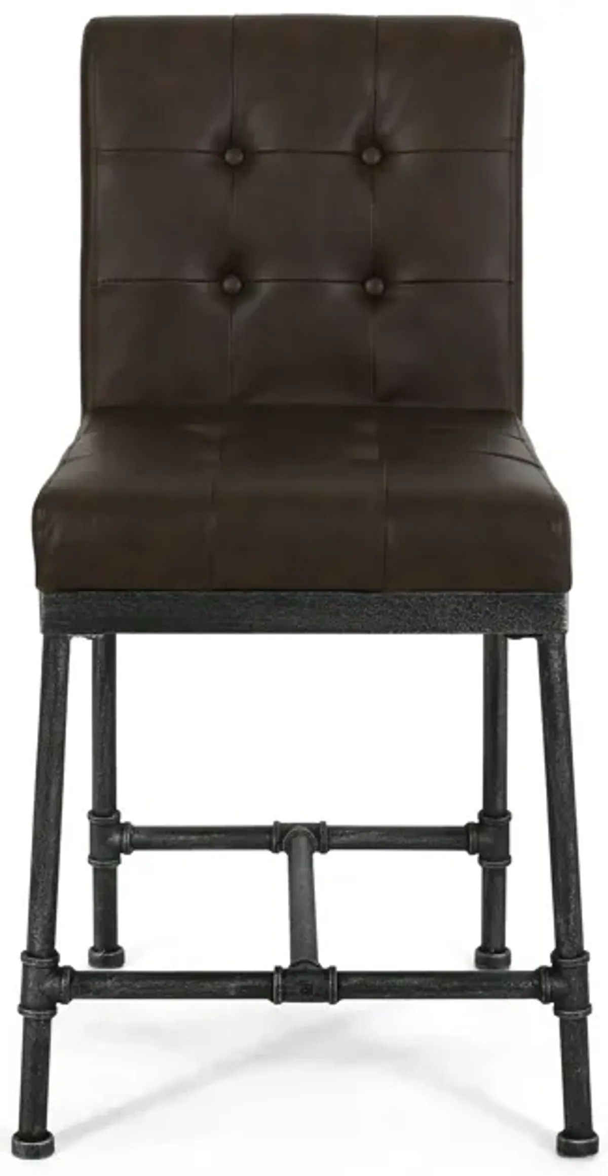 Bruke Counter Height Chair Set of 2, Brown Tufted Faux Leather, Metal - Benzara