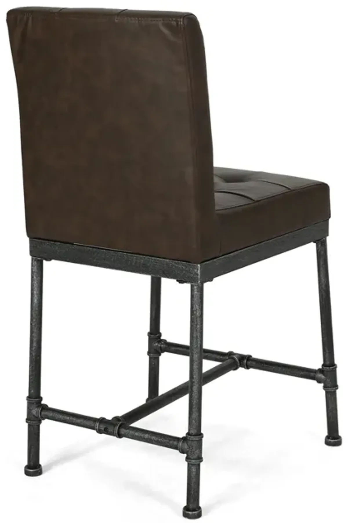 Bruke Counter Height Chair Set of 2, Brown Tufted Faux Leather, Metal - Benzara