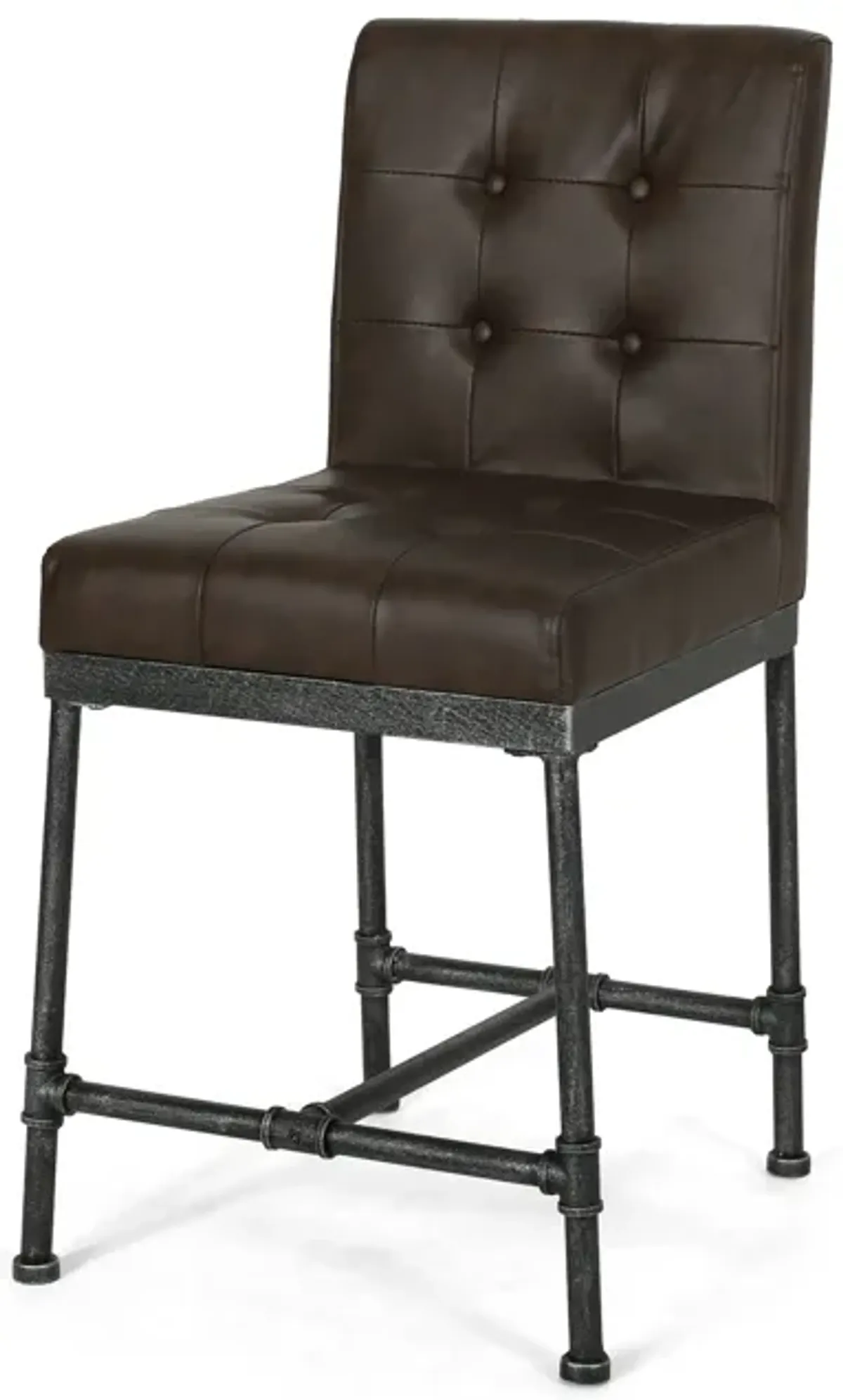 Bruke Counter Height Chair Set of 2, Brown Tufted Faux Leather, Metal - Benzara