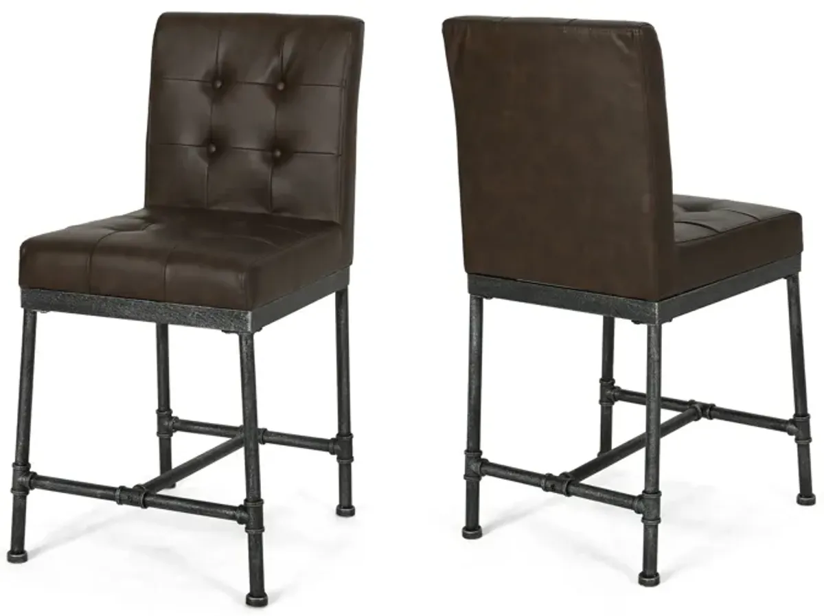 Bruke Counter Height Chair Set of 2, Brown Tufted Faux Leather, Metal - Benzara