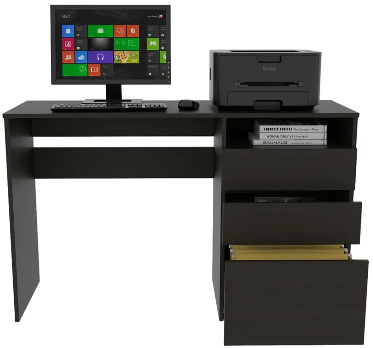 DEPOT E-SHOP Kenai 3 Drawers Computer Desk, One Shelf, Black