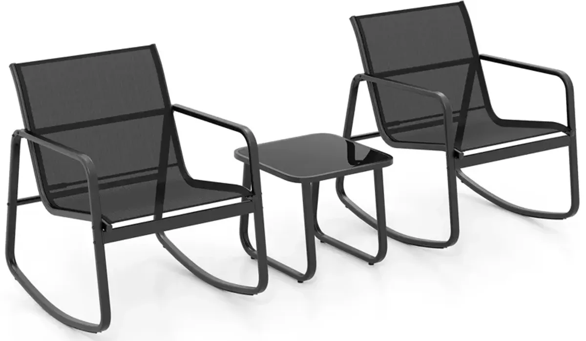 2 Rocking Bistro Chairs and Glass-Top Table for Porch Yard Balcony-Black