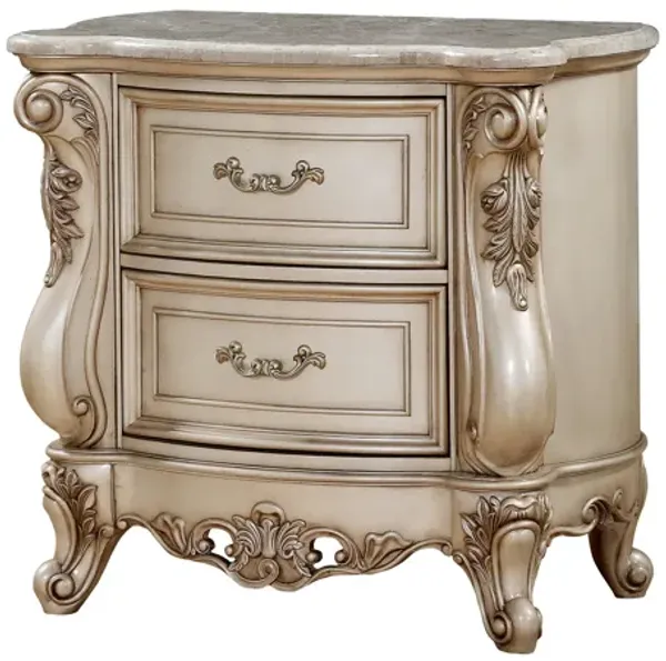 2 Drawer Nightstand With Raised Scrolled Floral Moulding, White - Benzara