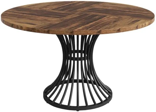 Dining Table, Round Brown Top, Black Hourglass Metal Base, 47 Inch - Benzara