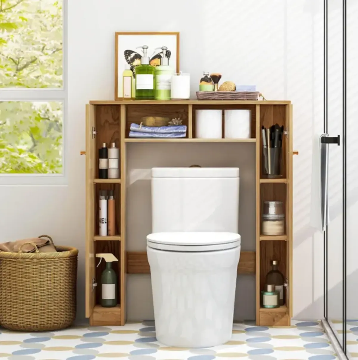 Hivvago Over The Toilet Storage Cabinet with 2 Open Compartments and 4 Adjustable Shelves