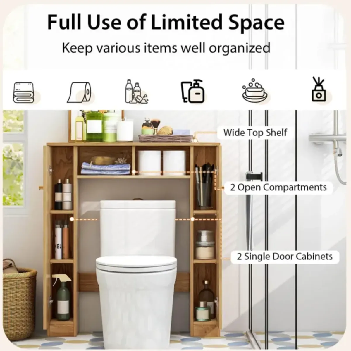 Hivvago Over The Toilet Storage Cabinet with 2 Open Compartments and 4 Adjustable Shelves