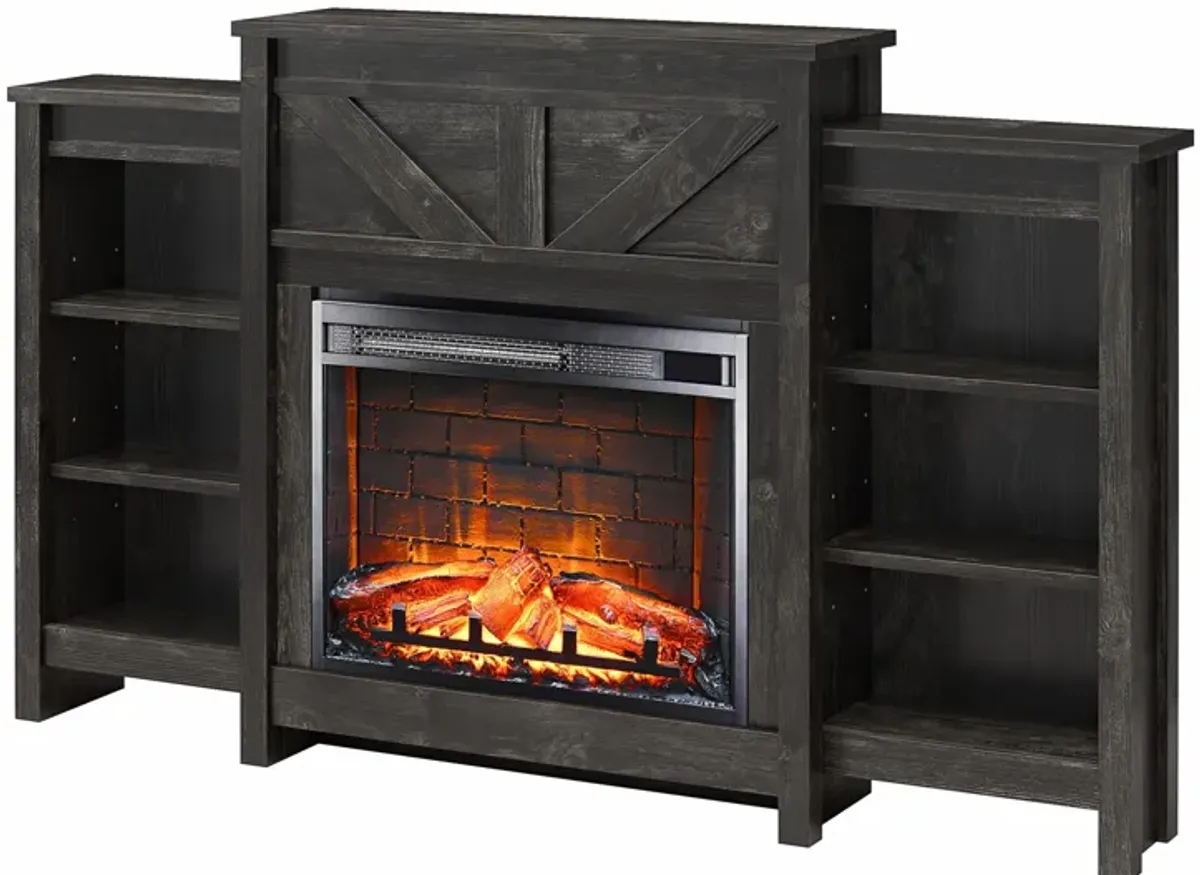 Farmington Electric Fireplace Space Heater with Mantel & Side Bookcases, Black Oak