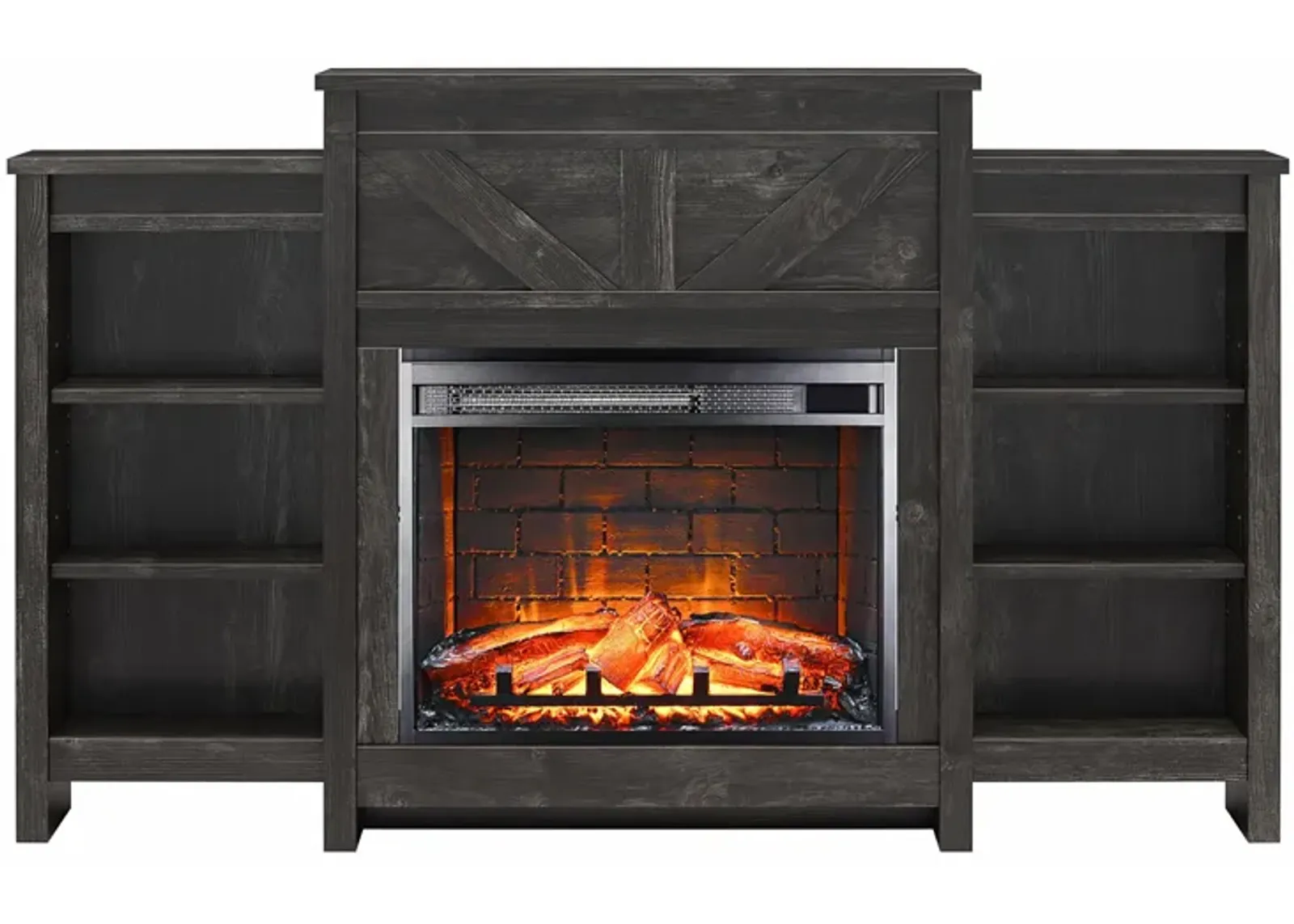 Farmington Electric Fireplace Space Heater with Mantel & Side Bookcases, Black Oak