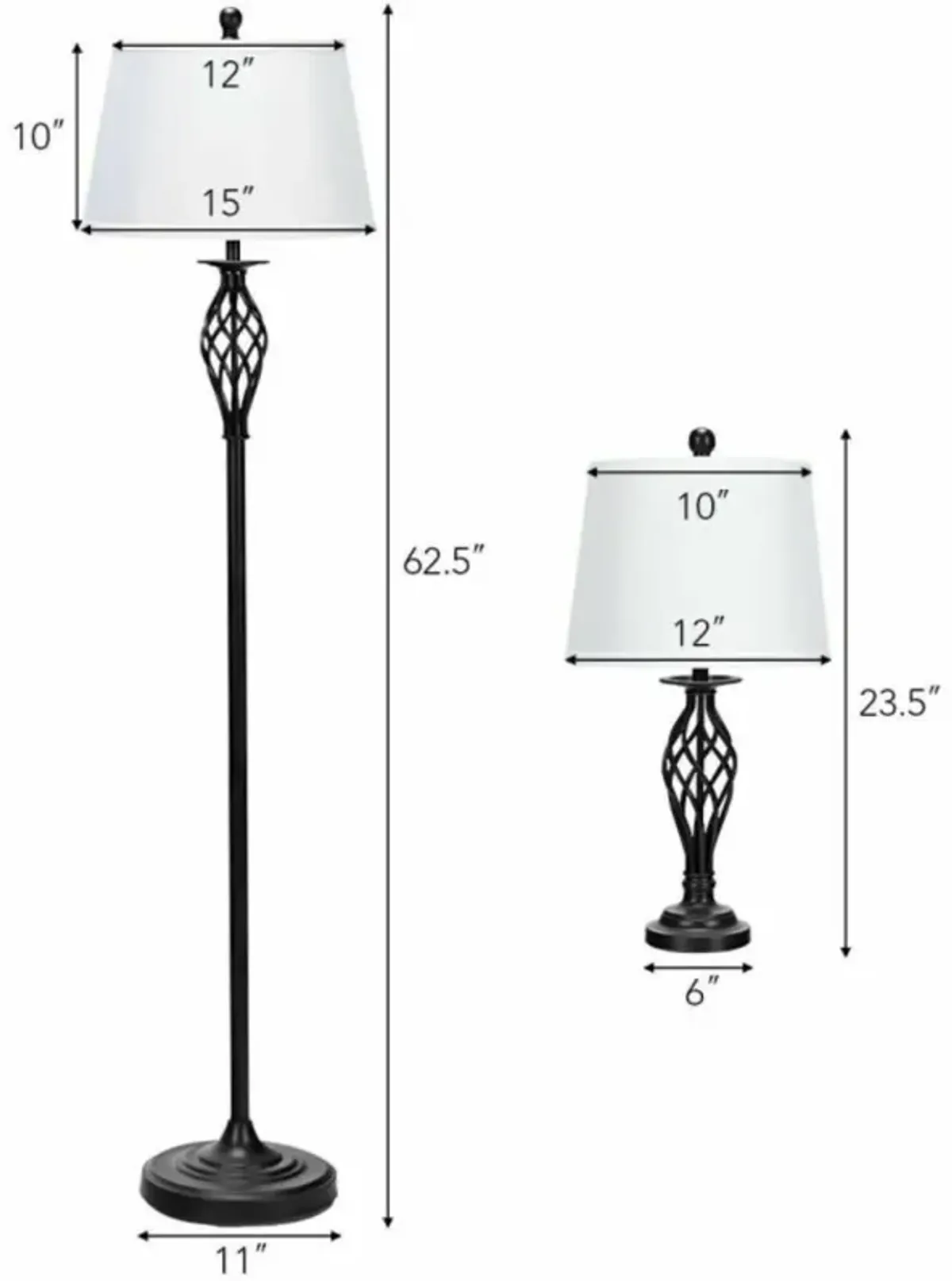 Hivvago 2 Table Lamps 1 Floor Lamp Set with Fabric Shades