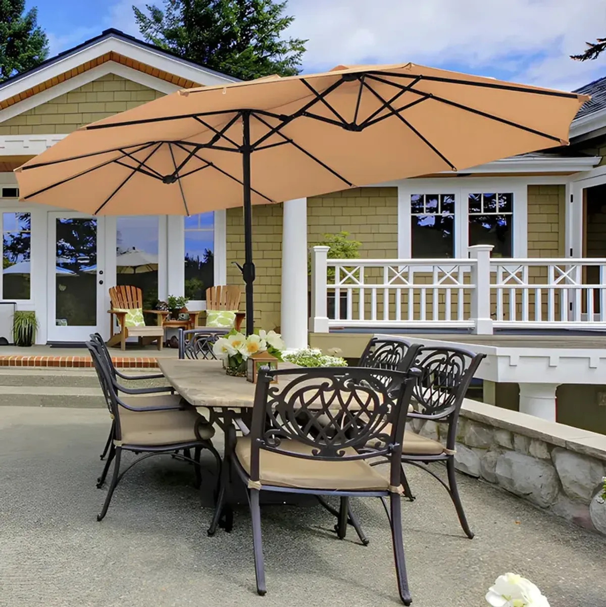 15 Feet Extra Large Patio Double Sided Umbrella with Crank and Base