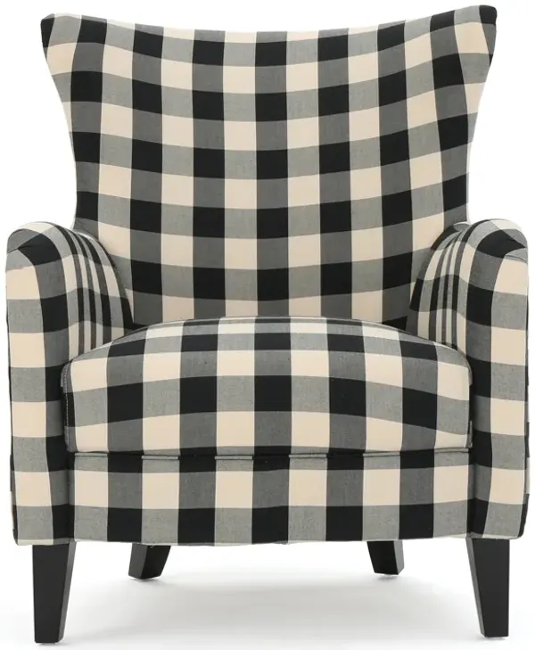 Riyank Accent Armchair, Classic Wingback Black and White Checkered Pattern - Benzara