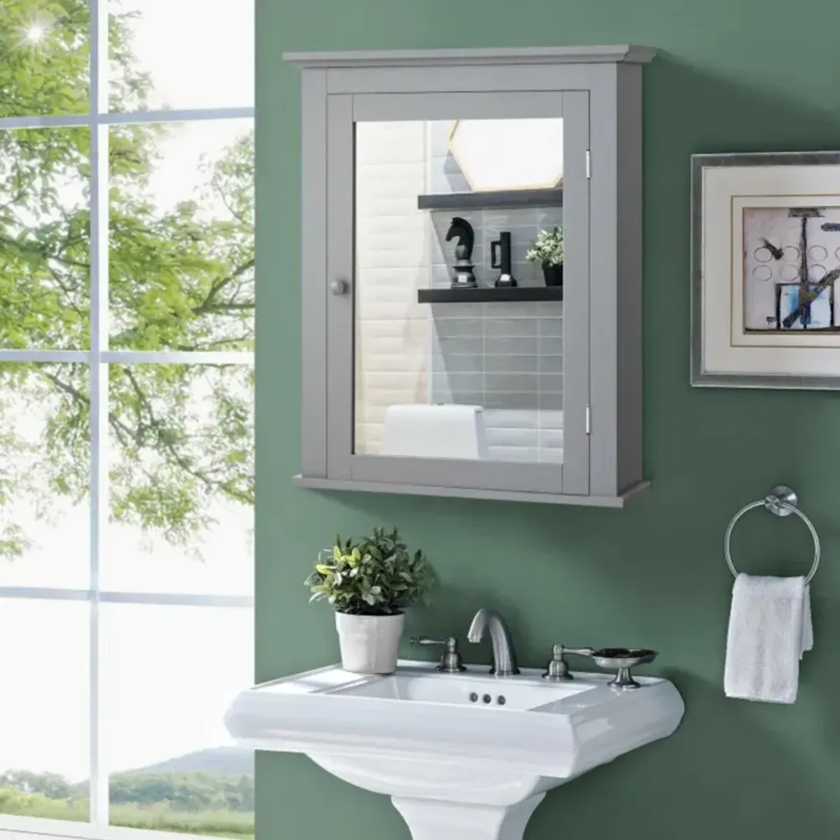 Hivvago Wall Mount Bathroom Cabinet with One Mirror Single Door Adjustable Shelves Retro Handle