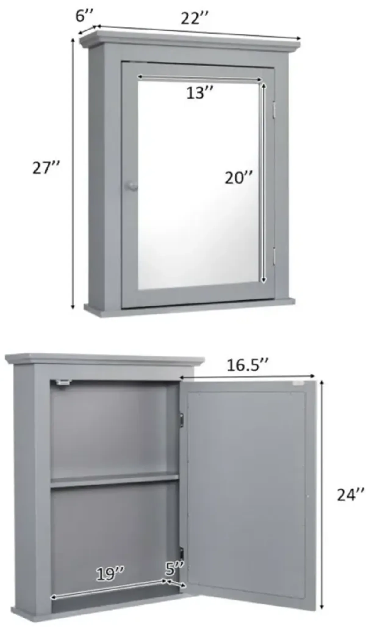 Hivvago Wall Mount Bathroom Cabinet with One Mirror Single Door Adjustable Shelves Retro Handle