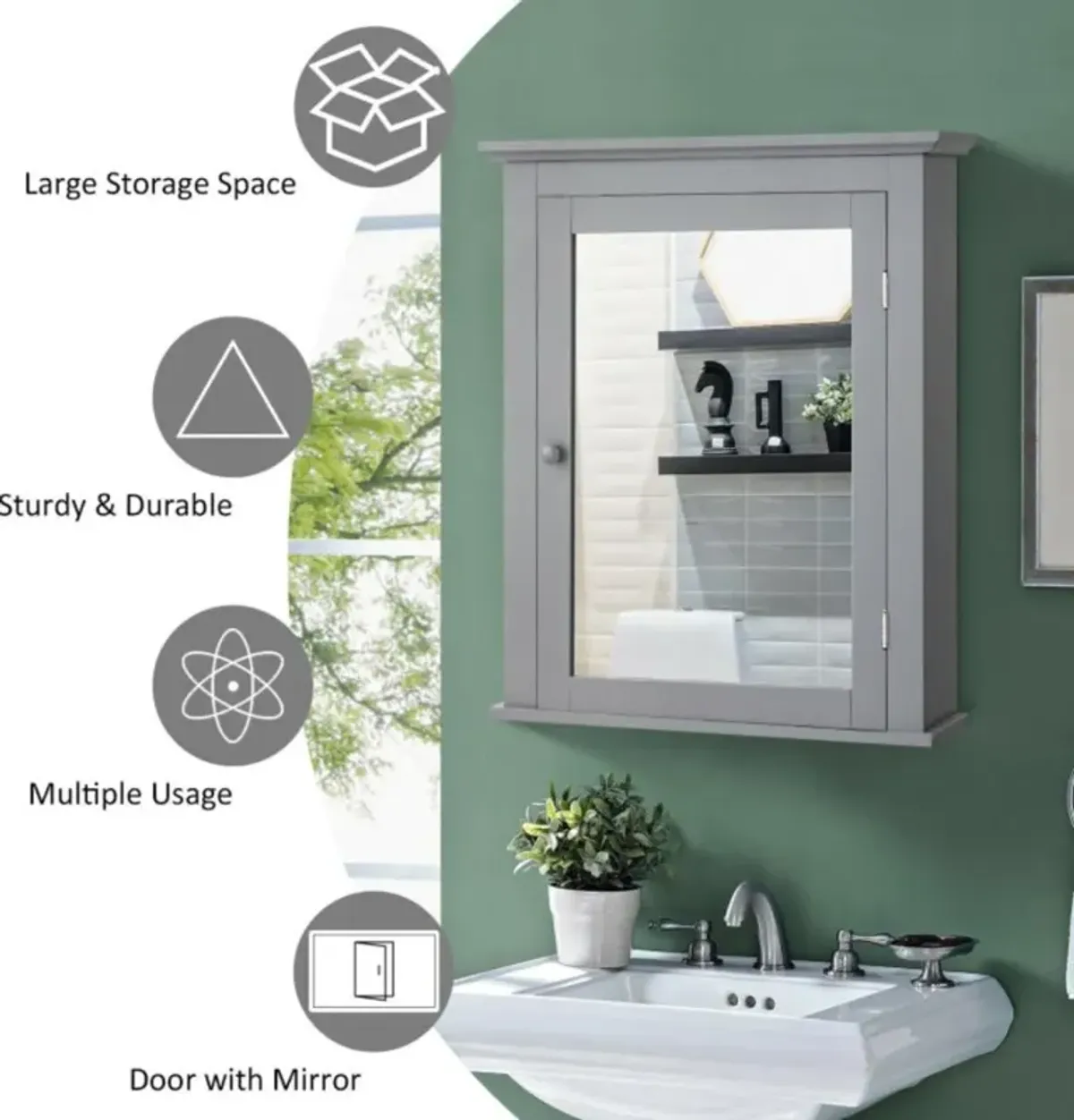 Hivvago Wall Mount Bathroom Cabinet with One Mirror Single Door Adjustable Shelves Retro Handle