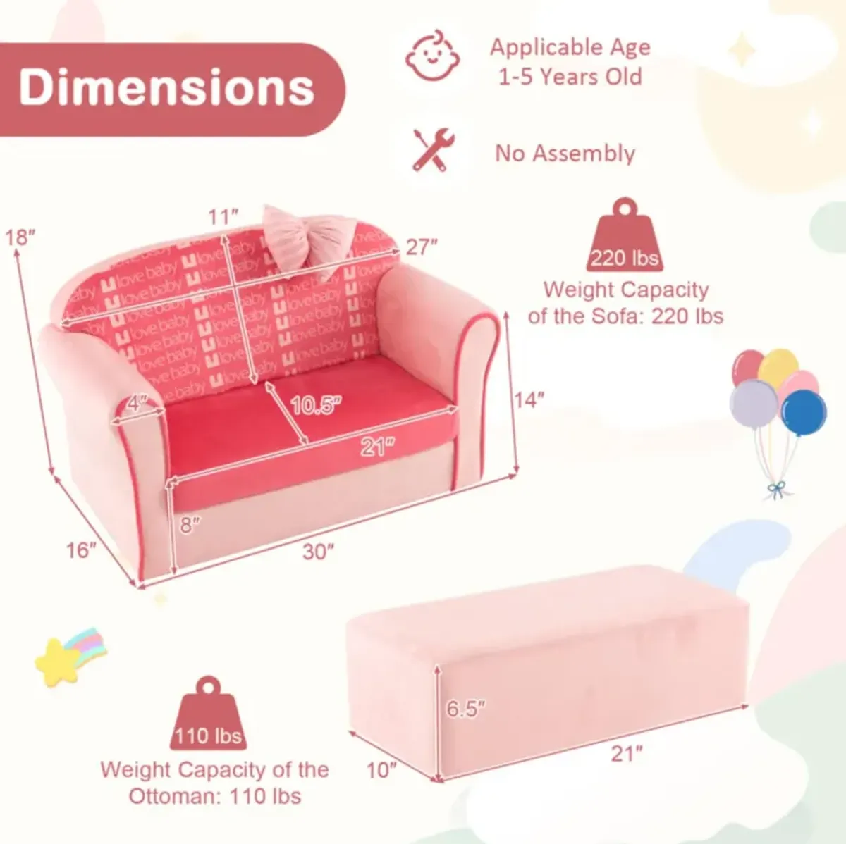 Hivvago Ultra Soft Velvet Kids Sofa Chair Toddler Couch with Ottoman-Pink