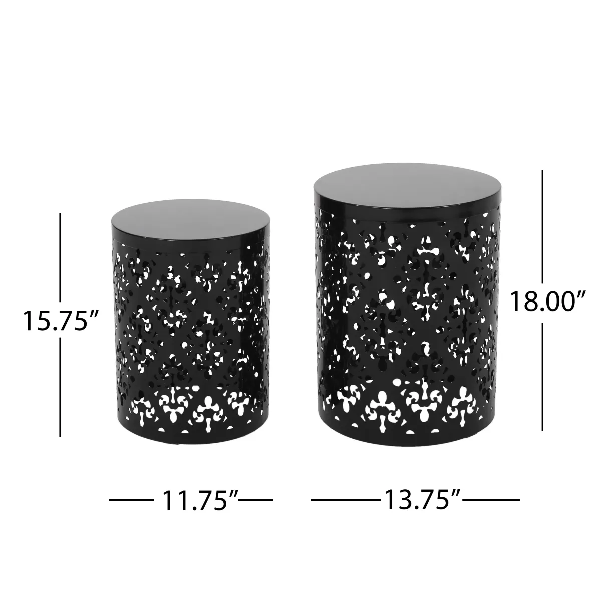 Kemo Outdoor End Table Set of 2, Round Top, Cutout Design, Black Iron - Benzara