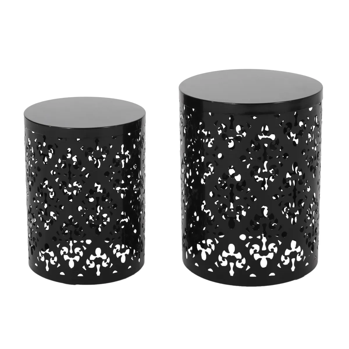 Kemo Outdoor End Table Set of 2, Round Top, Cutout Design, Black Iron - Benzara